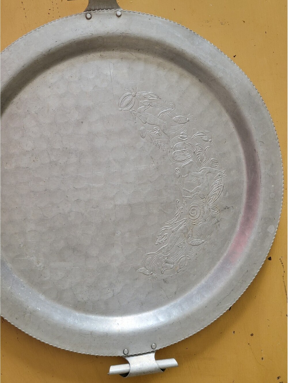 Vintage Cromwell Hammered  Hand Wrought Aluminum Tray Handles & embossed Etching